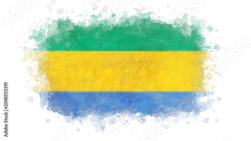 Fotografie The flag of Gabon is vibrantly illustrated with a distressed watercolor brushstroke effect, featuring horizontal stripes of green, yellow, and blue on a white background