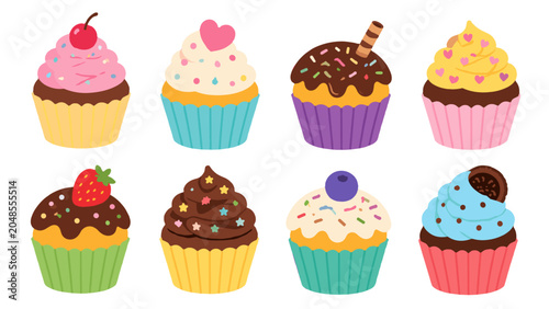 Fotografía Colorful frosted cupcake set with assorted sweet toppings