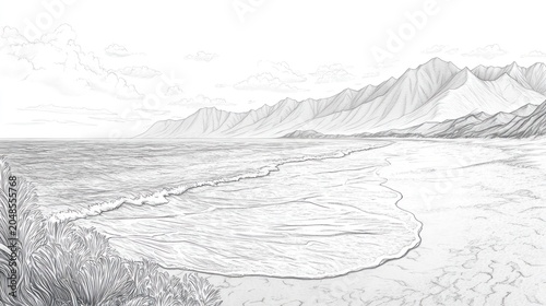 Scenic beach sketch with gentle waves, distant mountains, and wispy clouds