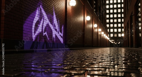 Purple Neon Graffiti Projected on Brick Wall in Dark City Alley at Night, Cyberpunk Urban Nightlife Aesthetic and Street Culture Background