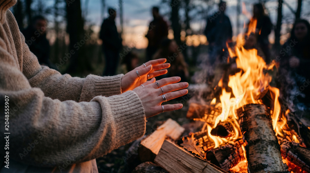 Fototapeta premium Female hands warming at spring equinox bonfire ritual in outdoor forest clearing, seasonal gathering and community connection