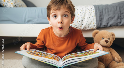 Surprised kid widening eyes during funny book reading in cozy bedroom, childhood curiosity and imagination development