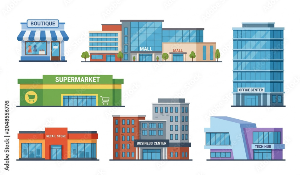 Fototapeta premium Commercial buildings and modern architecture flat vector illustration set