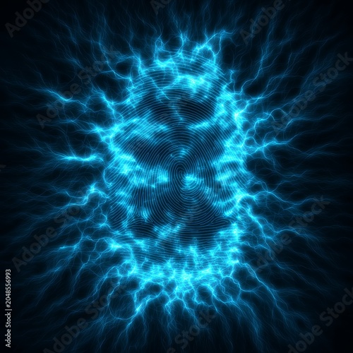 Glowing cyan biometric fingerprint with cyber energy for digital identity security