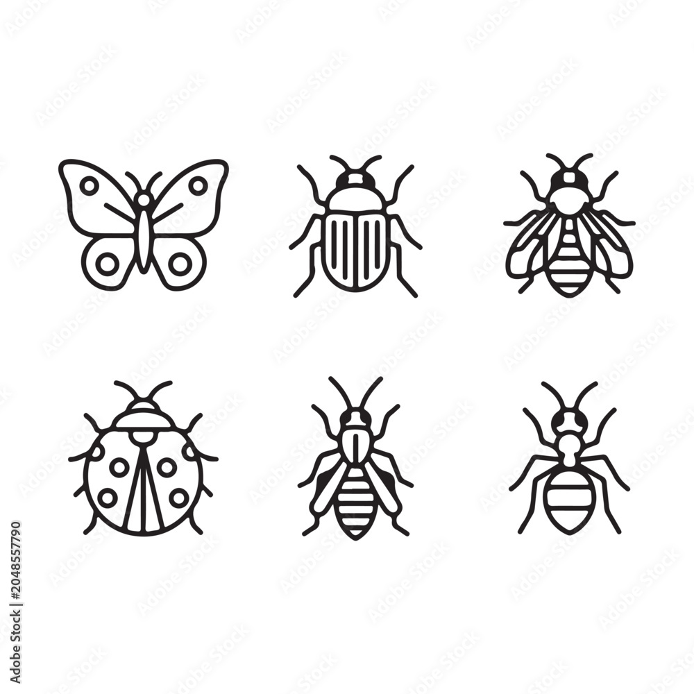 Obraz premium Insect simple icons set - vector collection of bugs symbols in thin line style 