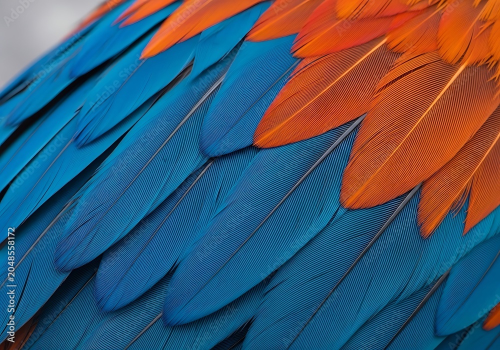 Obraz premium Bright orange and blue parrot feathers close up view