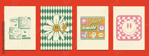 фотографія Retro groovy wall art posters featuring playful flowers characters, smiley faces