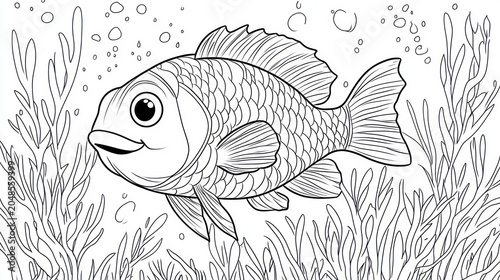 Outline drawing of a fish surrounded by plants and bubbles, suitable for coloring