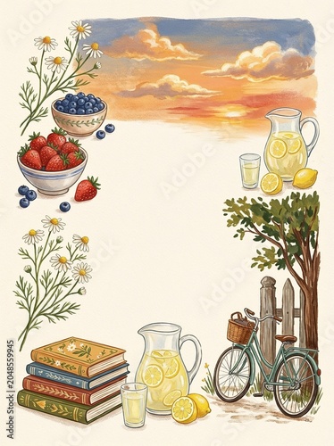 Delightful Still Life With Fresh Fruits, Lemonade Pitchers, And A Bicycle Set Against A Sunset.