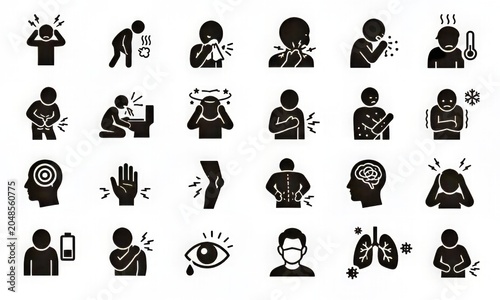 Human Health Symptoms, Mental Wellness and Medical Awareness Icon Collection Featuring Illness Indicators, Emotional Health, Physical Discomfort, Respiratory Conditions and Healthcare Education Concep