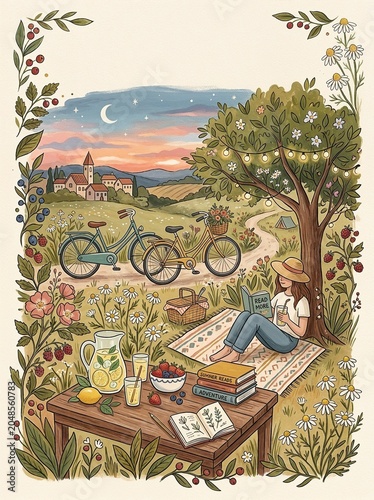Woman Reading Under A Tree In A Picturesque Landscape Picnic Adventure In Nature.