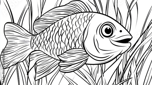 Line drawing of a fish swimming among reeds or tall grass. Coloring page style