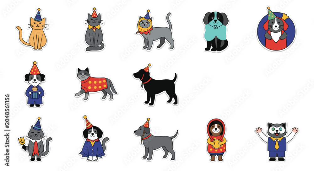 Obraz premium Adorable set of cats and dogs wearing festive party hats, sweaters, and costumes for a fun pet celebration or birthday themed design.