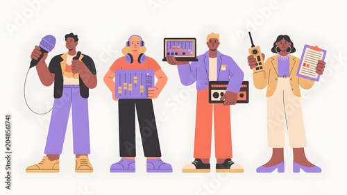 Music production team illustration with audio and radio tools