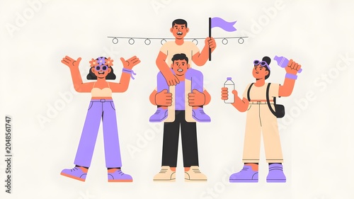 Festival crowd illustration with cheering people and event flag
