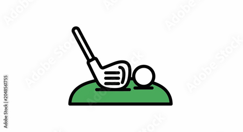 Golf club and ball on green tee, simple flat vector icon