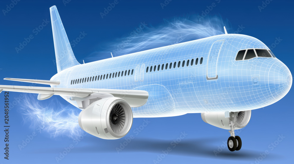 Fototapeta premium Airplane with transparent wireframe design flying in blue sky showing engine and wing details in futuristic style