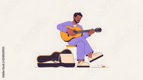 Guitar busker illustration with acoustic musician and open case