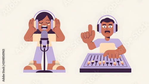 Music recording illustration with singer microphone and audio mixer