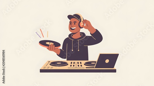 DJ music illustration with turntable vinyl laptop and headphones