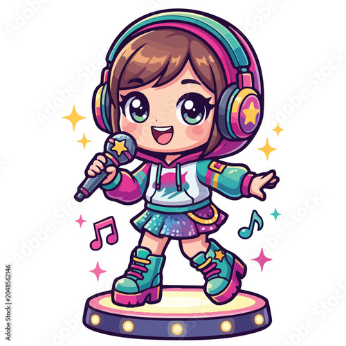 Chibi Girl Singer with Headphones Performance – isolated, transparent, png, suitable for karaoke, music school, social media
