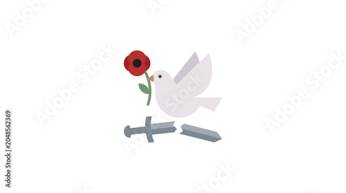 Quadro su tela Dove holding poppy over broken sword, peace symbol