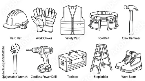 Construction worker essential tools and safety equipment