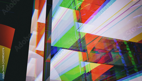 Abstract 3D Render of Colorful Glass Architectural Background with Glitch and Noise Effects.
