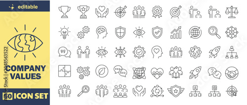 Obraz na plátne Company Values Line Icon Set – Corporate Culture, Teamwork, Leadership, Vision,