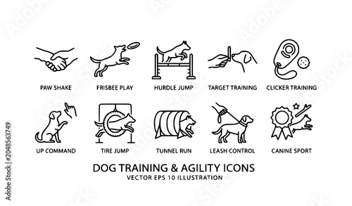 Canine agility and training outline icon collection black vector