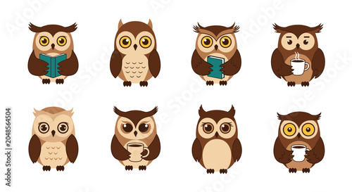 Collection of eight adorable cartoon owls in different poses reading books and holding coffee mugs on a white background.