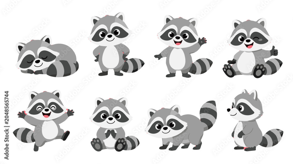 Fototapeta premium Cute cartoon raccoon character set in different poses