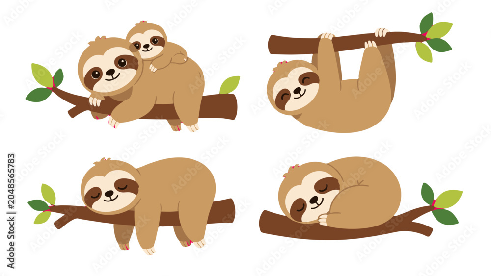 Fototapeta premium Cute sloths in different poses on tree branches vector set