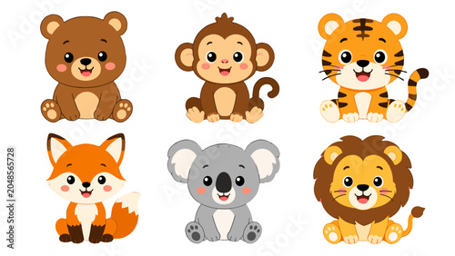 Canvas Print Cute cartoon wild and forest animals set in flat vector style
