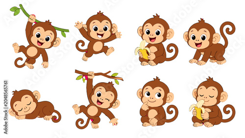 Photography Set of cute cartoon monkey characters in different poses