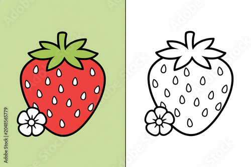 Strawberry Duo: A vibrant, juicy strawberry and its outline counterpart sit side-by-side, showcasing the beauty of the fruit and its simplified form.