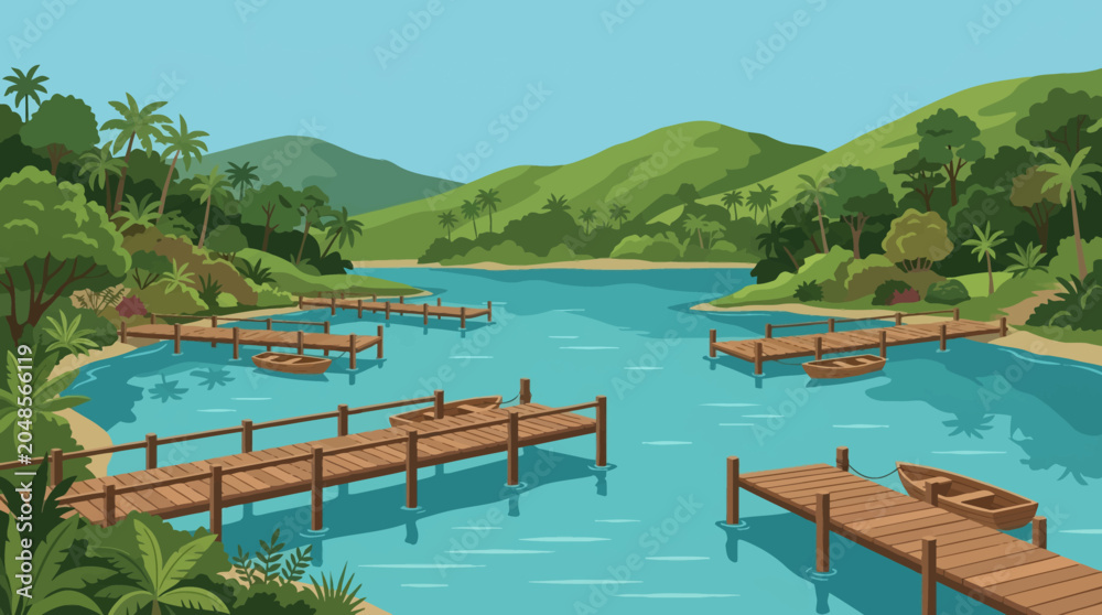 Fototapeta premium Cartoon vector illustration of beautiful coastal lagoon with wooden piers, calm water, surrounding vegetation, colorful tourism atmosphere