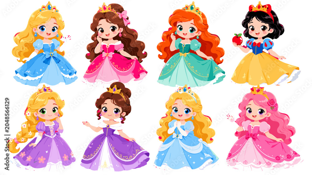 Naklejka premium Cute cartoon princess characters in colorful dresses set