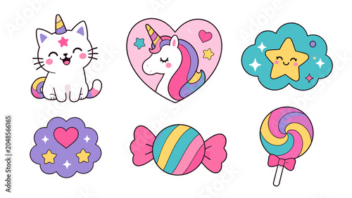 Foto Cute kawaii fantasy sticker set with caticorn unicorn and candy