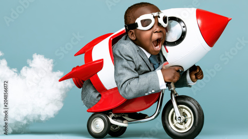 Excited child wearing goggles rides toy rocket bike with smoke trail, expressing joy and imagination in playful setting