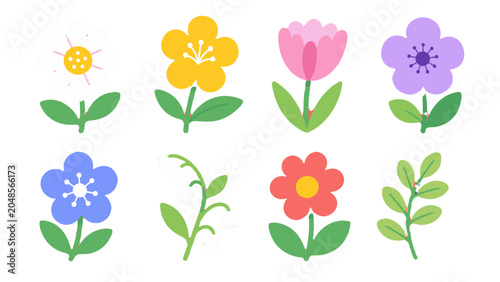 Billede på lærred Set of colorful simple flower and leaf vector illustrations