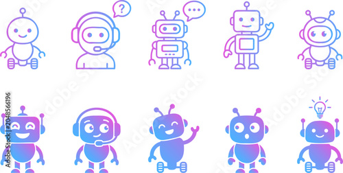 Quadro em tela Set of cute robot vector illustrations in gradient outline and solid styles on transparent background