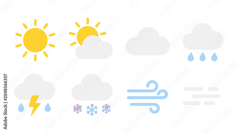 Naklejka premium Set of simple weather icons with sun, cloud, rain, snow and wind