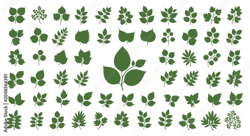 Fototapeta premium Extensive collection of various green leaf silhouettes representing different tree and plant species for botanical design.