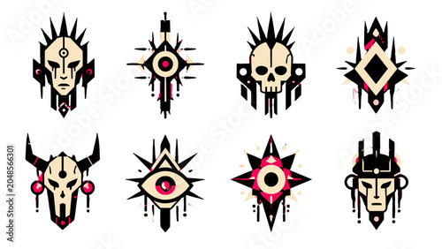 Foto Set of abstract occult symbols and stylized skull mask icons