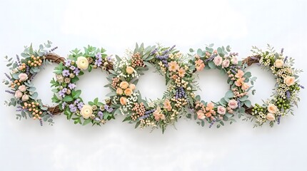 Rustic floral wreath collection on white background, set of five botanical flower garlands, elegant spring wedding decorations with eucalyptus