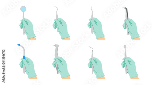 Фотография Set of gloved hands holding assorted dental instruments