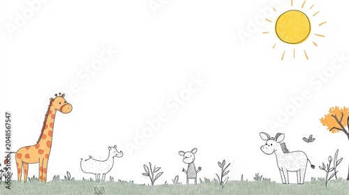 Childlike illustration of safari animals in simple landscape under a bright sun