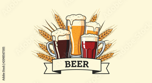 Group of four beer glasses containing different types of ale and lager are surrounded by golden wheat stalks on a cream background.