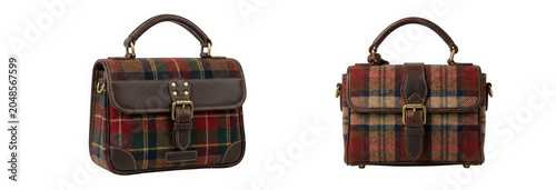 Stylish plaid patterned handbags with buckle details isolated on transparent background
